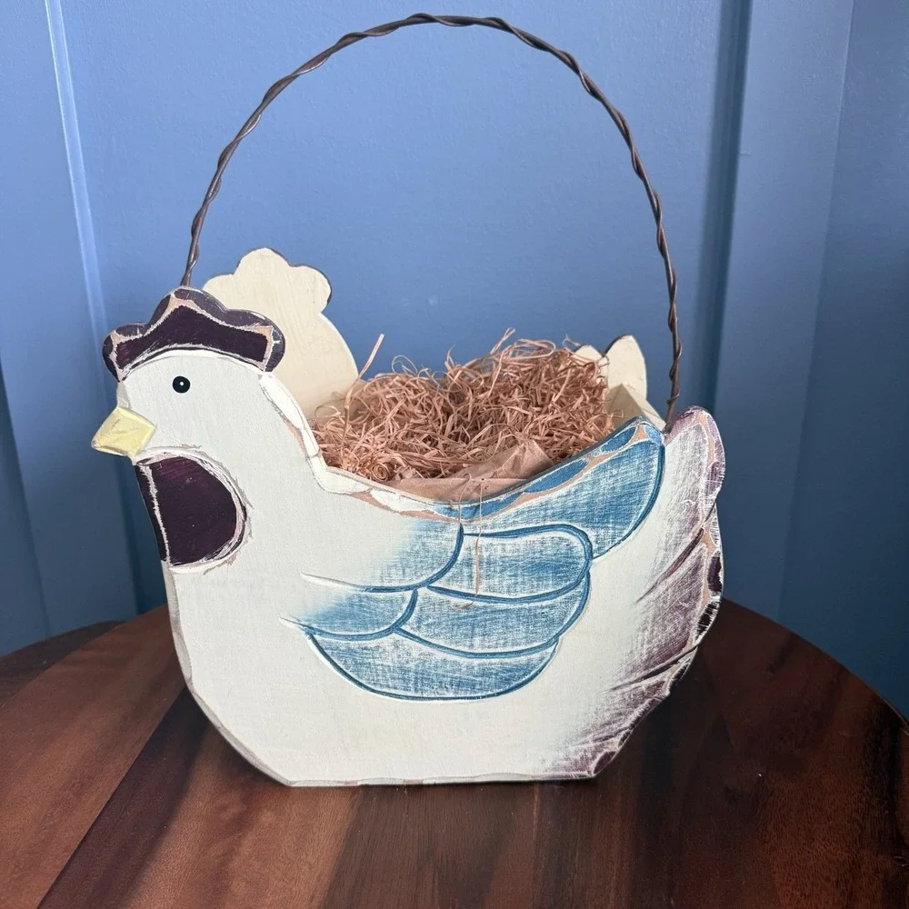 Vintage Hand Painted Wood Chicken Hen Basket Primitive Country Farmhouse Decor